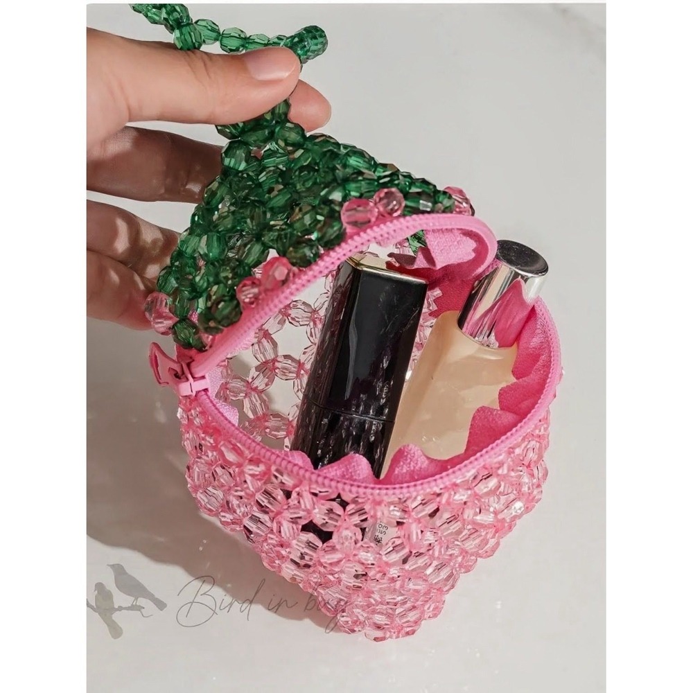 Handmade Beaded Strawberry Mini Bag Pink Green Fruit Wristlet Pouch New - Picture 6 of 6